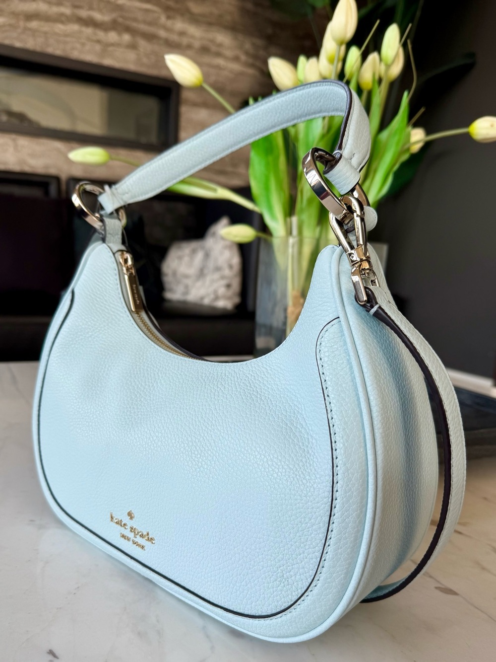 New Kate Spade Leila Pebbled Leather Shoulder/Crossbody Bag Crisp Sky - Picture 9 of 16